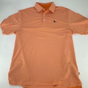 Straight Down Mens Large Golf Polo Shirt Orange‎ White Striped Short Sleeve Logo